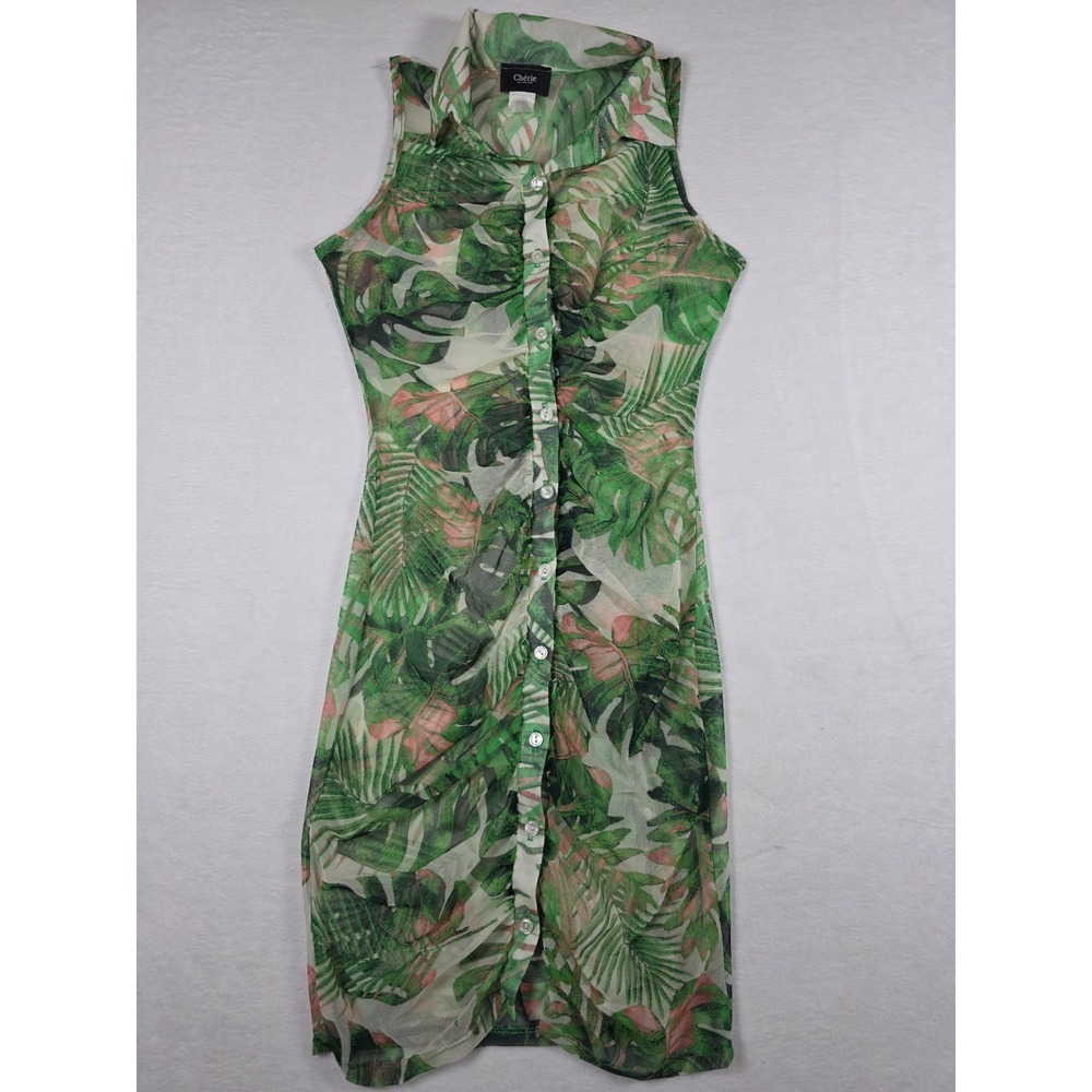 Sheer Mesh Tropical Palm Leaf Ruched Midi Dress Medium Green Pink Resortwear